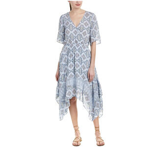 Moon River Dress Medium Blue Floral Print Lace Trim High Low Anthropologie